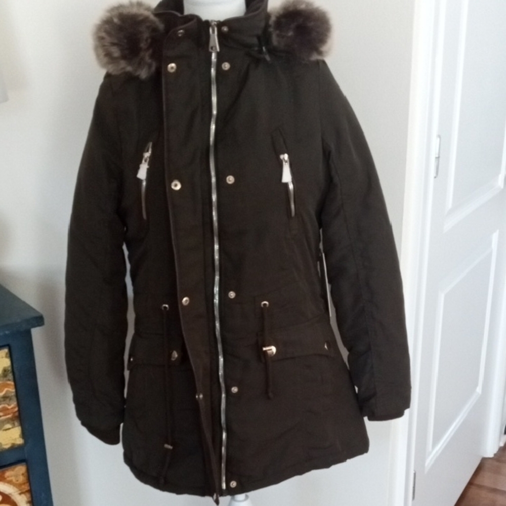 Women's Dark Green Parka Coat with Fur Trim - Picture 2 of 11
